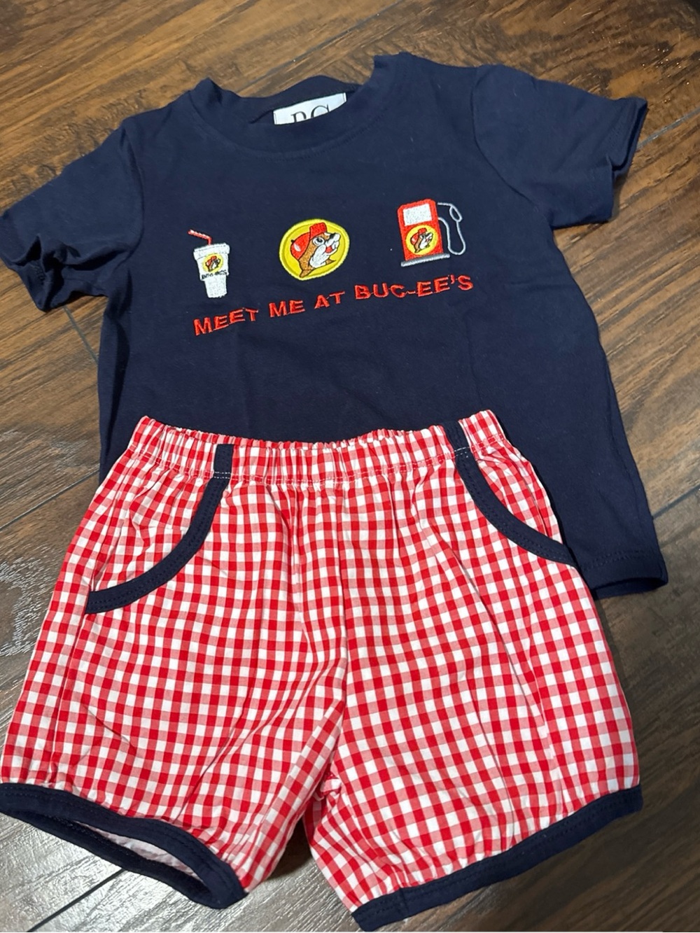 Kids Matching Set - Navy Tee & Red Gingham Shorts - Meet Me at Bucee’s